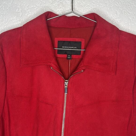 NWT Neiman Marcus Suede Motorcycle Jacket with Metal Embellishments Red XL - Picture 4 of 13
